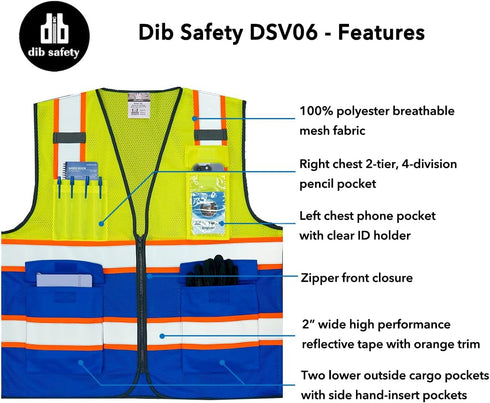 Reflective Mesh Vest High Visibility Two Tone with Pockets and Zipper Yellow and Blue Mesh with Orange Trim M