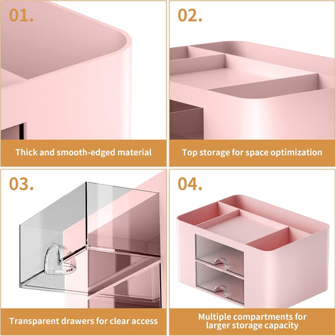 Marbrasse Pen Organizer with 2 Drawers, Multi-Functional Pencil Holder for Desk, 5 Compartments + Drawer for Office
