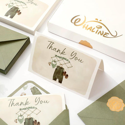 50 Pack Whaline Baby Shower Thank You Cards Boxed Vintage Green Cloth Note Cards with Envelopes Stickers Greeting Blank