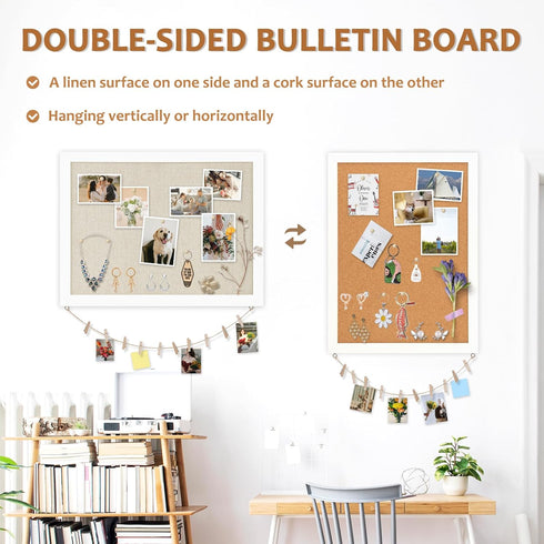 Double-Sided Large Cork Board with Linen, 24" x 18" Hanging Wood Framed Bulletin Board
