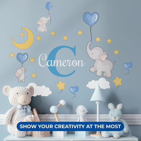 EGD Elephant Wall Decor Stickers for Baby Girl or Boy I Custom Name & Initial for Nursery Wall Decor I Elephant Nursery