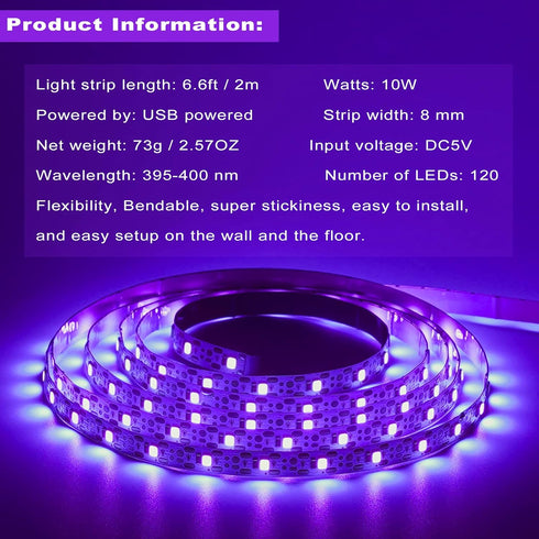 6.6ft 120 1.5m DC5V 10W Black Light LED Strips, Lamp Beads, USB Cable LED Black Light Strip Kit, Flexible Blacklight