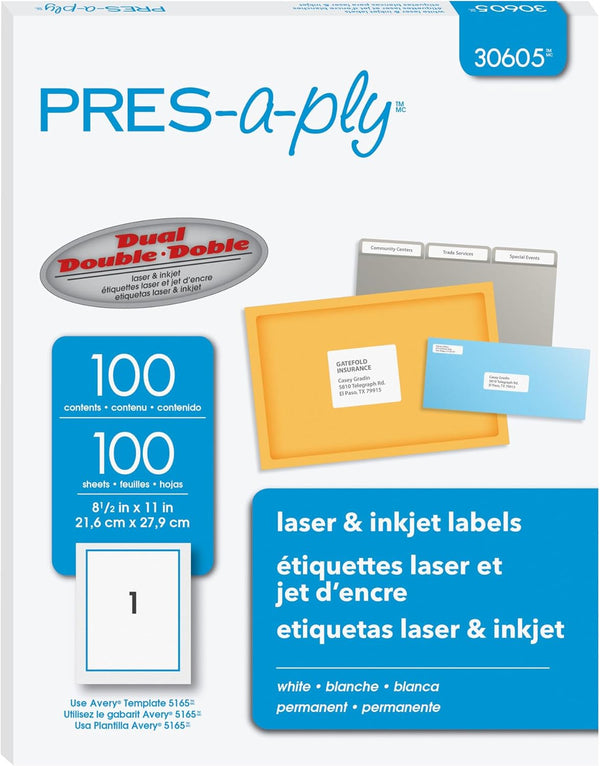 PRES-a-ply Laser Address Labels, White, 8.5 x 11 Inches, Box of 100 (30605)