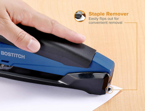 Bostitch Office Executive 3 in 1 Stapler, includes 210 Staples and Integrated Staple Remover, One Finger Stapling, No Effort, 20 Sheet Capacity, Spring Powered Stapler, Navy Blue by Bostitch