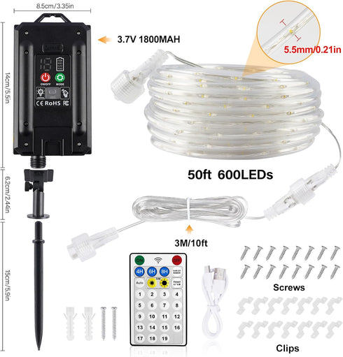 50ft 600 20 Dimmable IP68 OMIKA LEDs Solar Rope Lights, USB Charging, Lighting Modes, Timer Remote Control, Waterproof