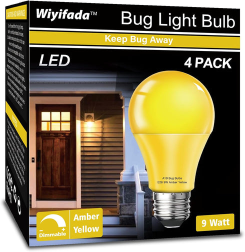 LED Bug Light Bulbs Outdoor, 4 Pack, Dimmable 9W Amber Yellow, Replace up to 60W, A19 Bug Lights for Outside, Porch