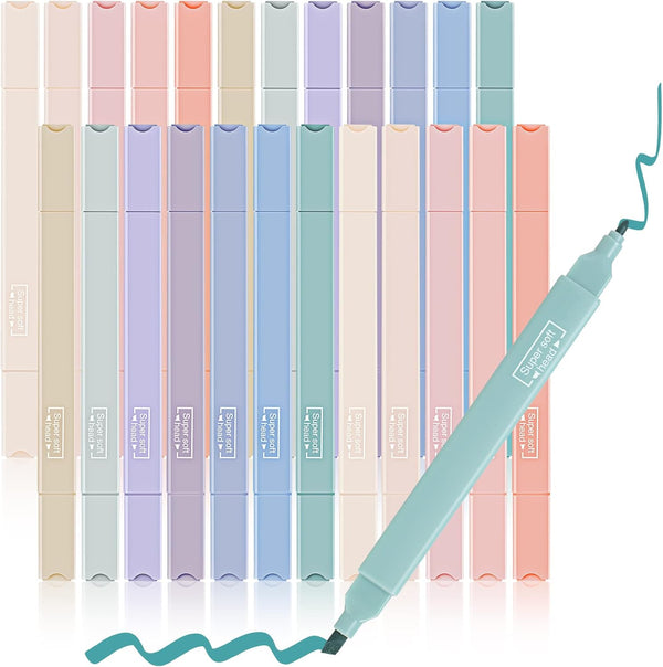 Meanplan 24 Pcs Aesthetic Cute Highlighters, Double Ended Mild Assorted Colors Pastel Highlighter with Soft Chisel Tip
