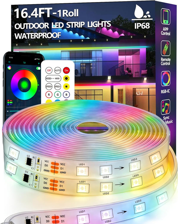 16.4FT Outdoor LED Strip Light Waterproof,IP68 Outside RGB+IC Light Strip with App/Remote