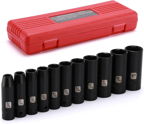 11PCS 1/2" Set, 6-Point, 11 1/2-Inch 3/8 Inch 1 Inch EMENTOL Drive Deep Impact Socket CR-V, Pieces SAE Sockets