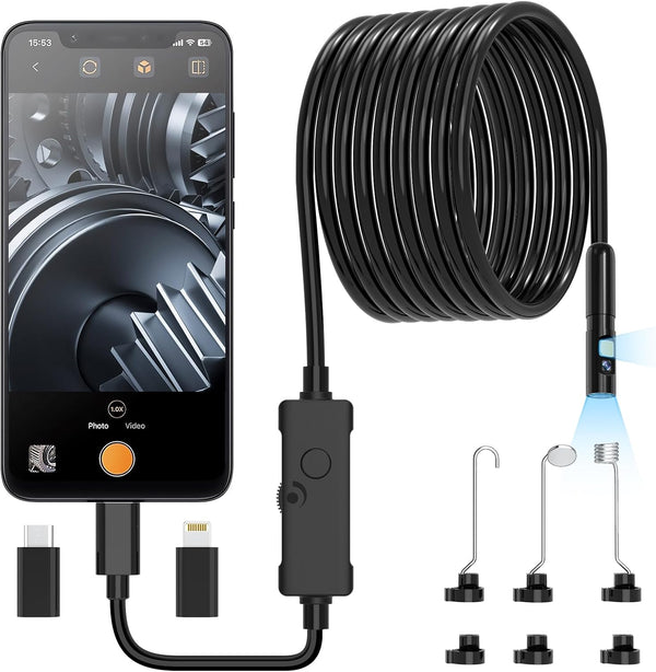 Endoscope Camera with Light, Dual Lens 1920P HD Borescope for iPhone or Android, Waterproof Inspection Camera