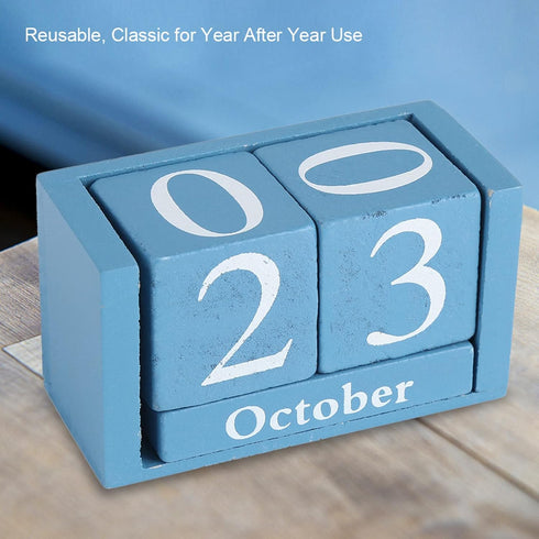 European Perpetual Wooden Calendar, Desktop Block Wood Calendar DIY Yearly Planner, 9.4 x 5.2 x 4.1cm (Blue)