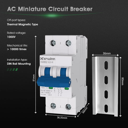 Miniature Circuit Breaker 1000V DC Circuit Breaker 2 Pole 16Amp Smart Circuit Breaker,DC Disconnect Switch DIN Rail Mount for Marine Power Systems, Solar photovoltaic Systems (C16A)