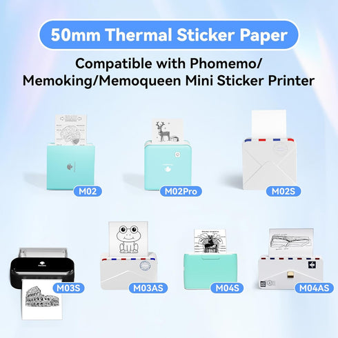 Memoqueen White Self-Adhesive Thermal Labels for Phomemo M02/M02S/M04S/M04AS Pocket Bluetooth Printer, 50mm x 3.5m, 3