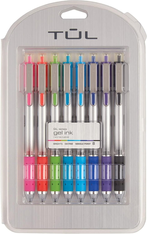 TUL Retractable Gel Pens, Needle Point 0.5 mm, Assorted Bright Ink Colors, Gray Barrel, Pack of 8
