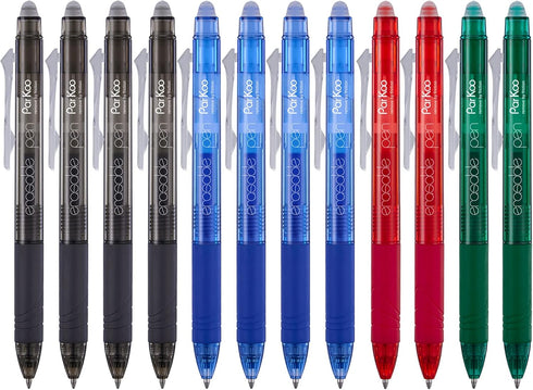 ParKoo Retractable Erasable Gel Pens, 0.7 mm Fine Point, 12-Pack with 4 Assorted Color Inks