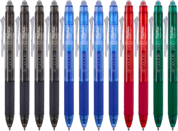ParKoo Retractable Erasable Gel Pens, 0.7 mm Fine Point, 12-Pack with 4 Assorted Color Inks