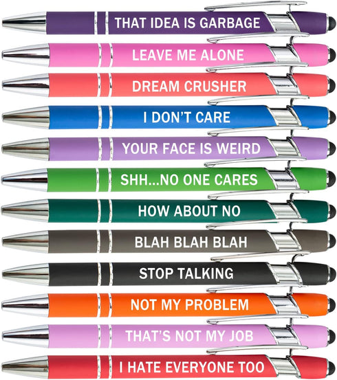 PASISIBICK 12 Pieces Funny Sarcastic Ballpoint Pens - Office Snarky Touch Screen Stylus Pen, Black Ink (12 Color,