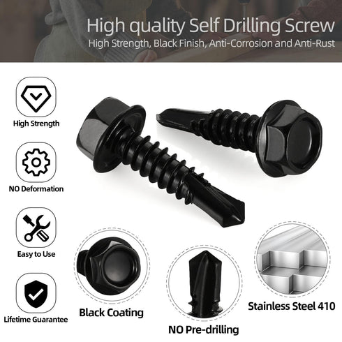 #14 x 1" Sheet Metal Screws, 80 PCS Black Hex Washer Head Self-Drilling Screws, 410 Stainless Steel with Hex Bit