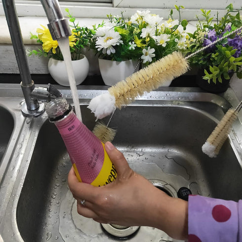 Set (3) NewFerU Stainless Steel Soda Bottle Cleaning Brush in Natural Boar Bristle Wool Tip Long Handle, Flexible