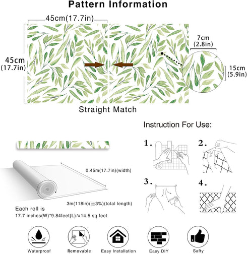 HAOKHOME 93199-2 Boho Peel and Stick Wallpaper, Green Branches Leaves, Removable Vinyl Contact Paper 17.7in x 9.8ft
