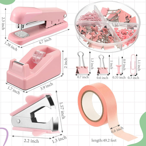 Office Supplies Set Desk Accessory Kit Include Stapler, Staples, Staple Remover, Tape Dispenser, 22 Binder Clips, 30 Paper Clips, 20 Push Pins, 2 Rolls Tape, for Women Christmas Gift (Pink) by Sabary