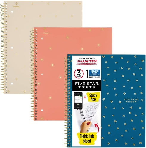 Five Star Style Spiral Notebooks + Study App, 3 Pack, 1 Subject, 11" x 8-1/2", College Ruled Paper, 100 Sheets
