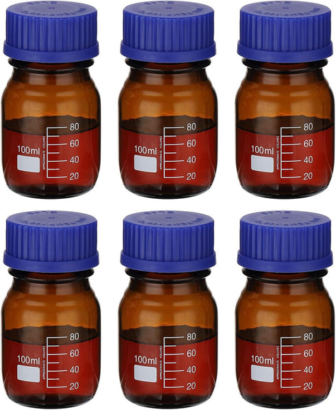 PATIKIL 6 Pack Reagent Media Storage Bottles, 100ml Borosilicate Glass with GL32 Blue Screw Cap, Amber
