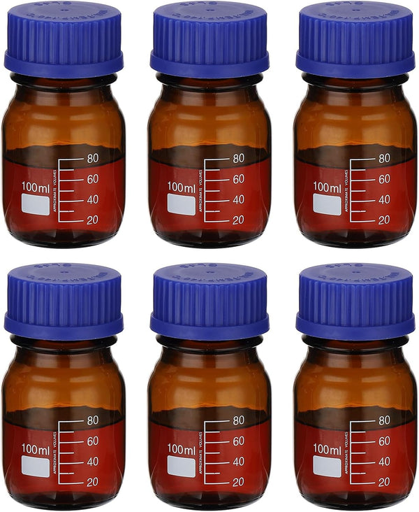 PATIKIL 6 Pack Reagent Media Storage Bottles, 100ml Borosilicate Glass with GL32 Blue Screw Cap, Amber