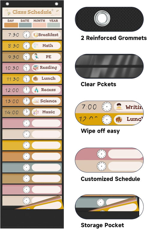 Boho Daily Schedule Pocket Chart for Classroom, 24 Double Sided Cards for Visual Schedule, Back to School Decorations