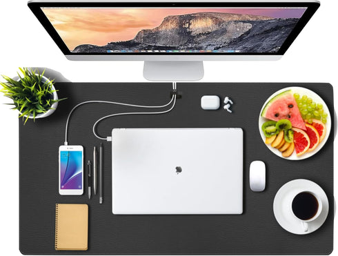 Leather Desk Mat for Keyboard and Mouse, Black Office Desk Mat Cable Organizer, 13.8" x 23.6"