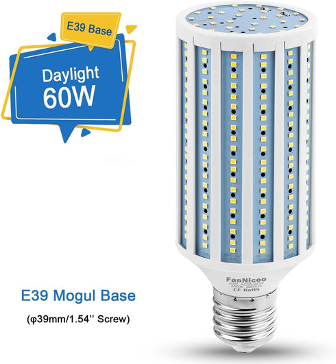 LED Corn Light Bulb 500W Equivalent 60W 6000Lumen 6500k E39 Mogul Base LED Corn Bulb Large Area Cool Daylight White Corn Lamp for Indoor Outdoor Garage Warehouse Factory Workshop Backyard Barn by FanNicoo