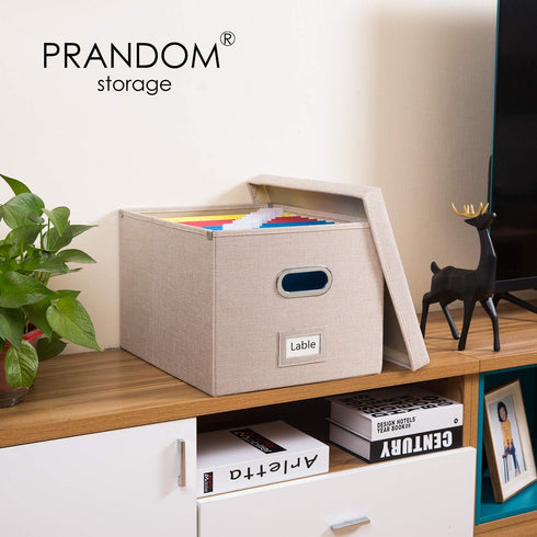 PRANDOM File Organizer Box - 1 Set of Collapsible Decorative Linen Storage with Lids for Letter/Legal Size, Light Grey