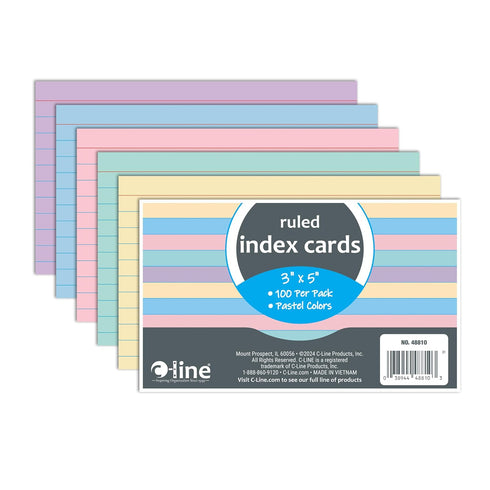 C-Line 3 x 5 Index Cards, Assorted Colors, Ruled, 100/PK (48810)
