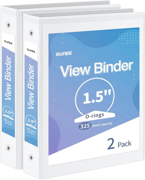 SUNEE 3 Ring Binder, 1.5 Inch, 2 Pack, Clear View Binder, PVC-Free, White