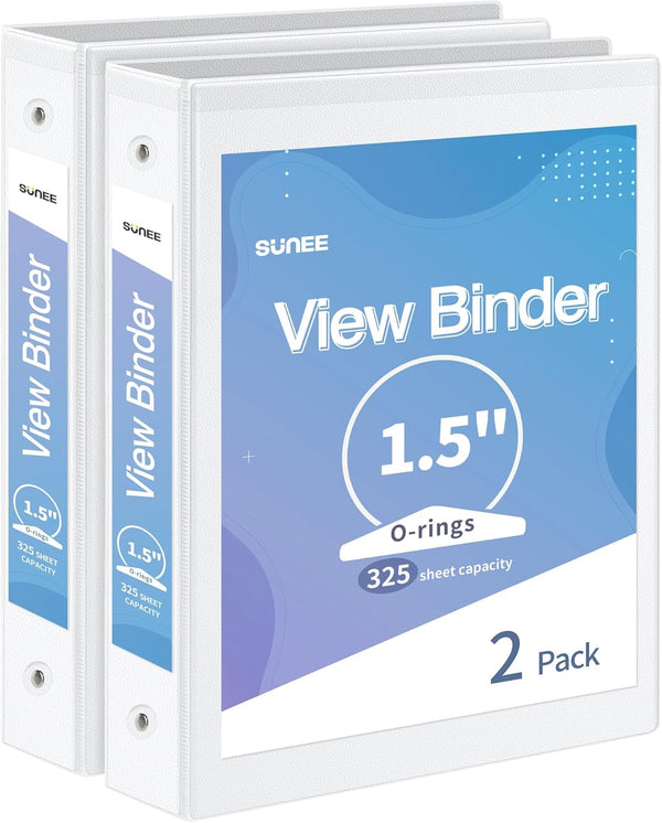 SUNEE 3 Ring Binder, 1.5 Inch, 2 Pack, Clear View Binder, PVC-Free, White