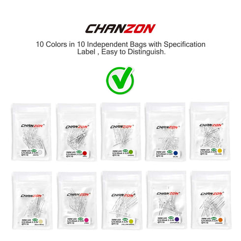 Chanzon 100pcs 3mm LED Diode Lights Assortment (10 Colors x 10pcs, Clear Transparent Lens) Emitting Lighting Bulb Kit