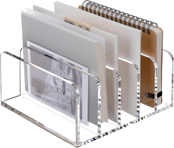 SANRUI Acrylic Desk Organizer - 5 Compartments Mail Organizer, Clear Office Organization, Multifunction Sorter