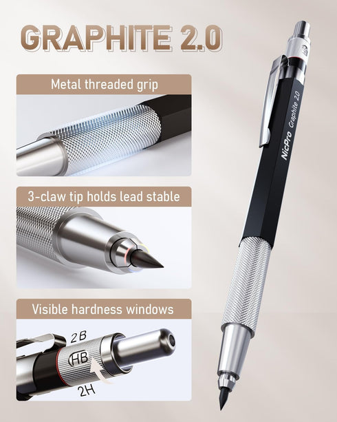 Nicpro 35PCS Art Mechanical Pencil Set, 3 PCS Metal Drafting Pencil with 20 Tube Lead Refills Case