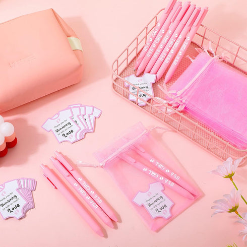 TaoBary 50 Sets Cute Pink Retractable Ballpoint Pens, Baby Shower Cards & Organza Bags, Gifts for Guests