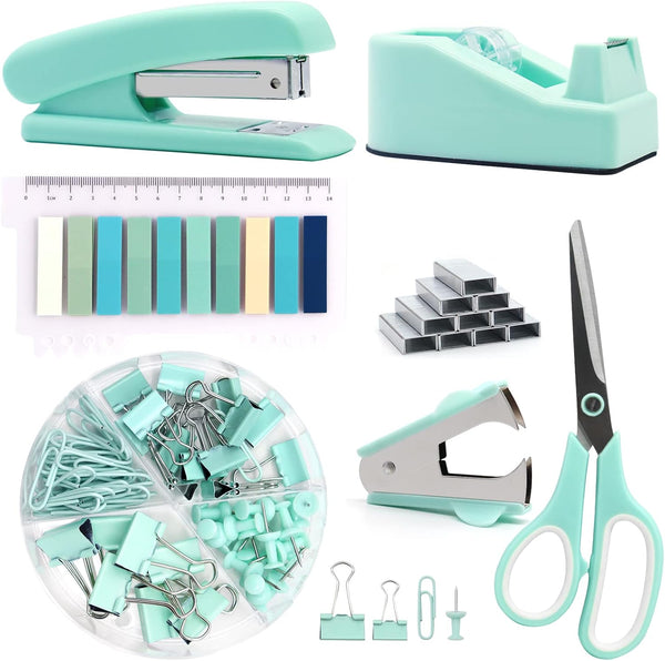 UPIHO Teal Desk Accessories Set, Green Office Supplies with Stapler, Tape Dispenser, Remover, Clips, Scissors