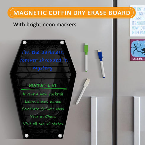 Mini Coffin Dry Erase Board, 12"x8" Magnetic Acrylic Planning Noteboard for Fridge, Gothic Halloween Decor with 6