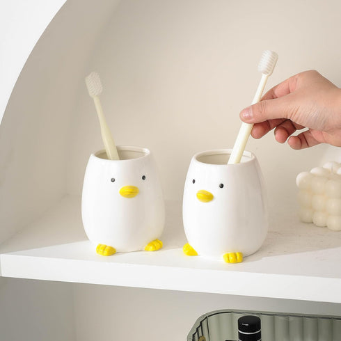 Ceramic Round Pen Holder - Cute Cartoon Animal Stand, Desk Organizer (Gray White)