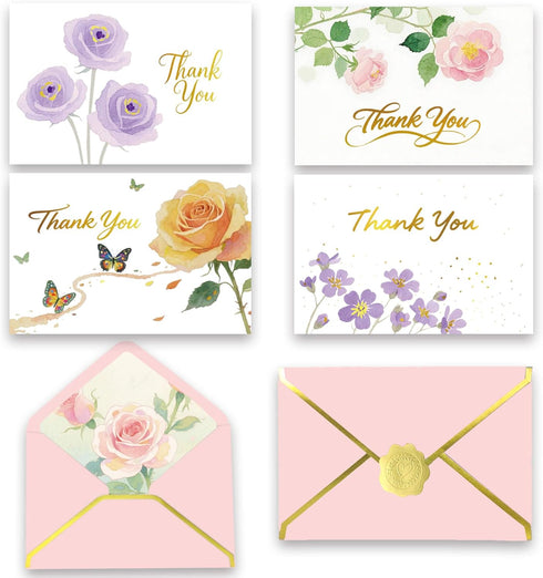50 Luxurious Gold Foil Thank You Cards Bulk with Envelopes and Stickers