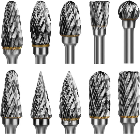 Carbide Burr Set, 10 PC Die Grinder Bits, 1/8" Shank Rotary Tool Accessories for Wood Carving
