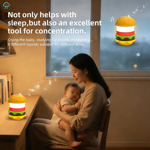 Dimmable Zunate Hamburger Shaped Night Light with BT Speaker and White Noise Sounds, Rechargeable Bedside Lamp