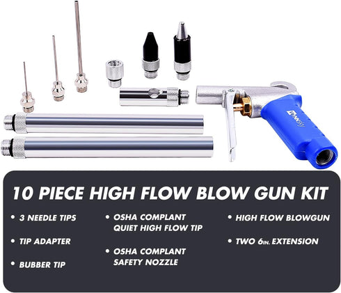 WYNNsky High Flow Air Blow Gun with 9 PCS Blower Tips, 6 inch Extensions, Needle and Rubber Tip, Xtreme Flow Nozzle, Adaptor, 120PSI Working Pressure, Air Compressor Accessories Kit, Cleaning Air Tool