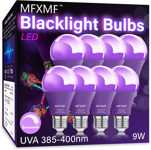 8 Pack A19 LED Black Light Bulbs, 9W (100W Equivalent), E26 Base, Dimmable Black Lights, Halloween Light Bulbs