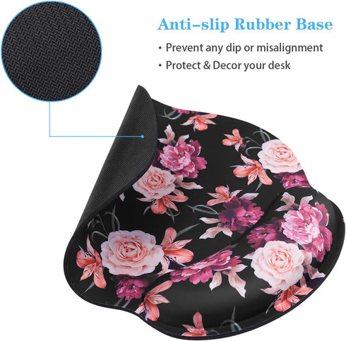 WAVEYU Mouse Pad with Wrist Support, Cute Designed Non-Slip Rubber Base Mousepad for Laptop, Black Flower