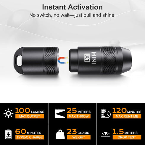 BBSDA 100 IPX6, Mini Keychain Flashlight Instant On Pull to Light, Lumens Tiny EDC Flash Light, USB-C Rechargeable