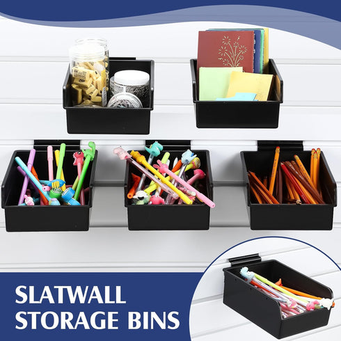 6 Pack Slatwall Bins with Hooks Set, Wall Mounted Storage Bins for Organizing Accessories, Tools, Office, Black